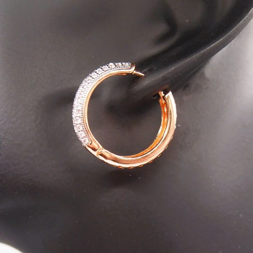 Stunning 18k. Rose Gold Over Sterling Silver 25mm Round Hoop Earrings With CZ's